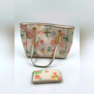 Lot of 2 Coach Cammie Chain Tote Dreamy Land Floral Cream Pink Green Wallet